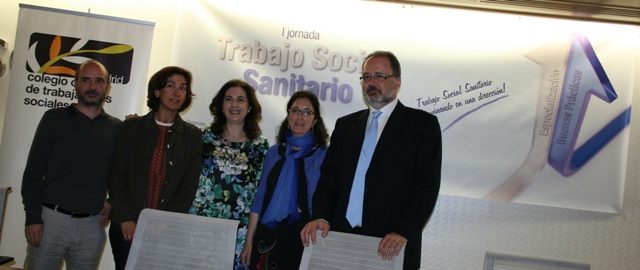 Desde izq: Daniel Gil,COTSMadrid, Agustina Hervás, Pta.TSySalud, Rosario Luís-Yagüe, Delegada TSySalud Madrid,  Agustina Crespo, Secretaria COTSMadrid y Manuel Gil, Decano COTSMadrid